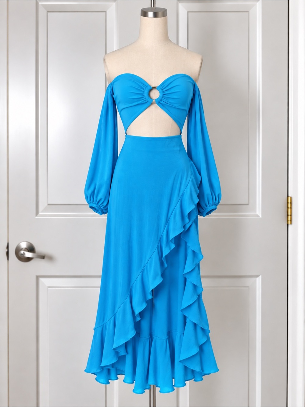 Blue Off Shoulder Ruffle Maxi Dress with Cutout